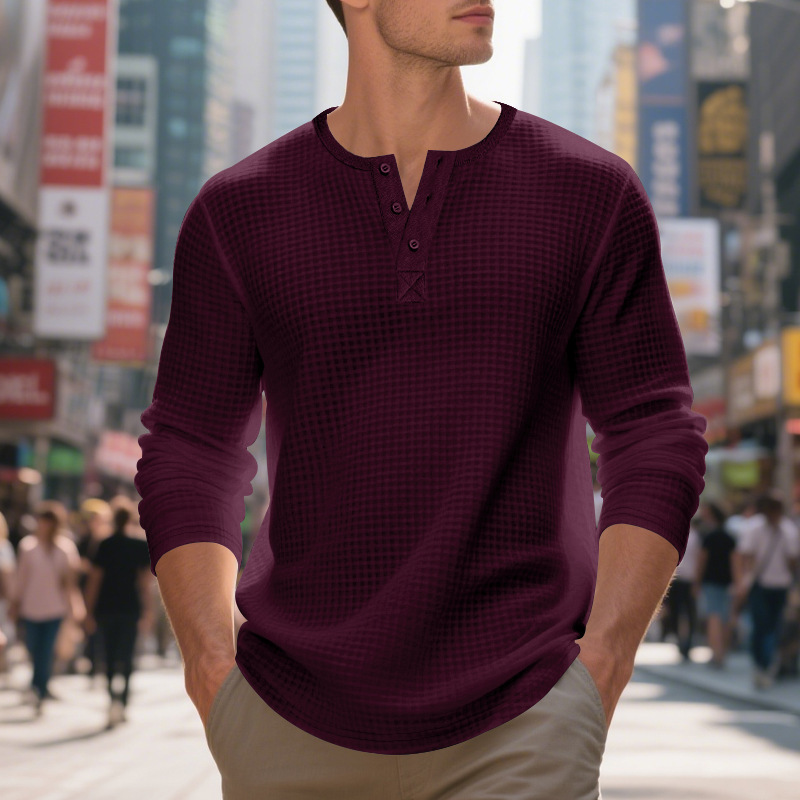Men's Jacquard Small Plaid Button-Down Henry Long Sleeve - Image 2