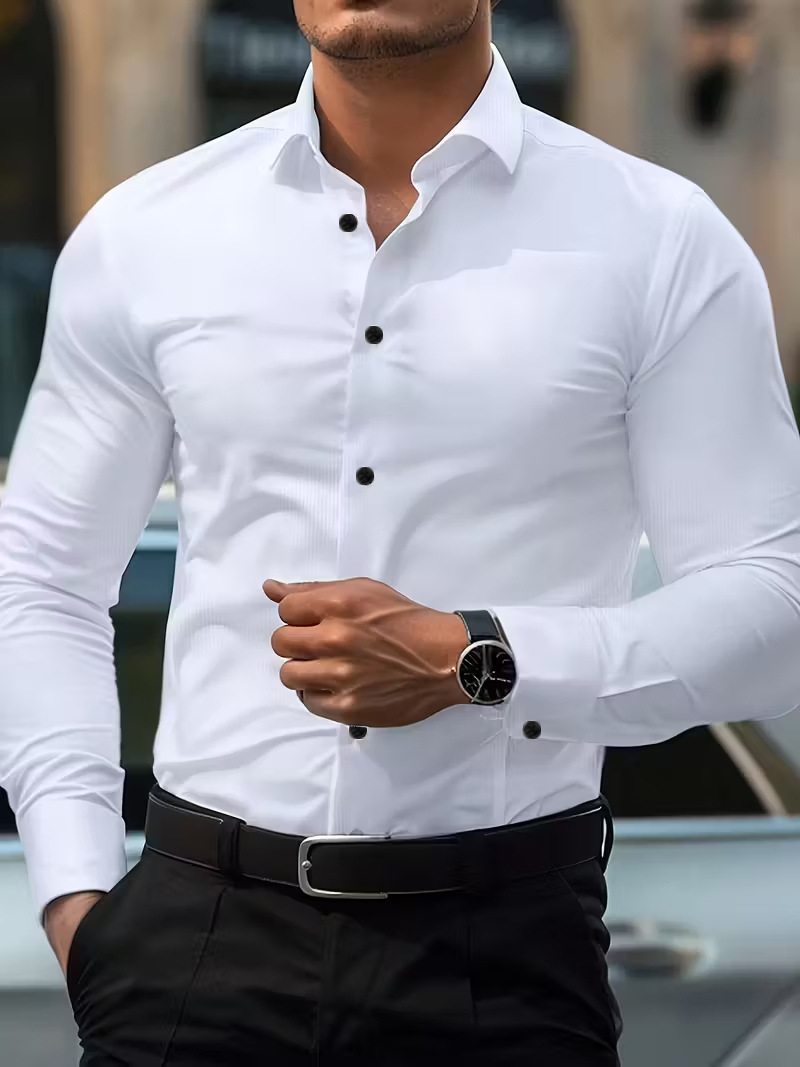 Best-selling Four-Way Stretch White Button-Down Mens Plus-Size Shirt - Image 4