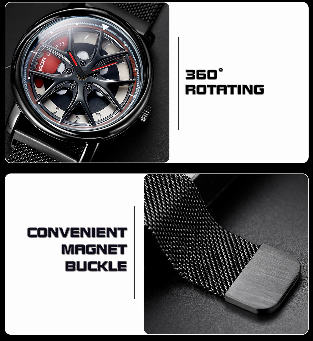 Men Watch Car Wheel Rim Hub Dial Male Wristwatch Skeleton Man Black Waterproof Watches Stainless Steel Quartz Relogio Masculino - Image 34
