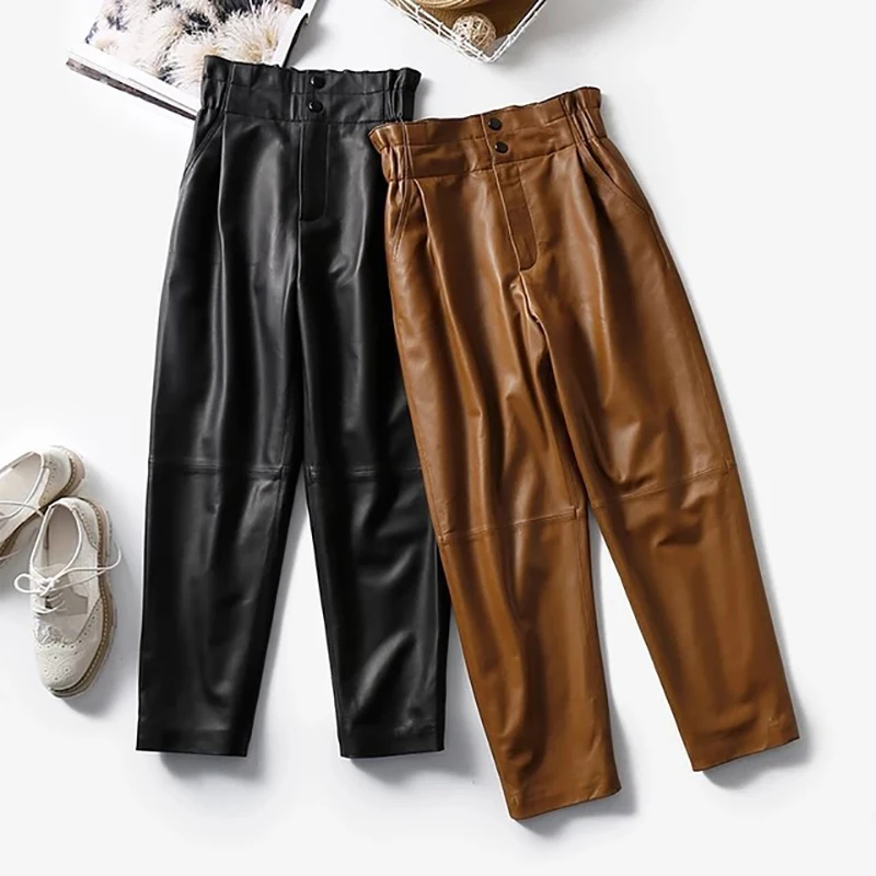 Women's Leather Pants, Female Elastic High Waist Genuine Pants, Loose Harem Trousers, Casual Fashion, Large Size, Autumn, Winter - Image 4