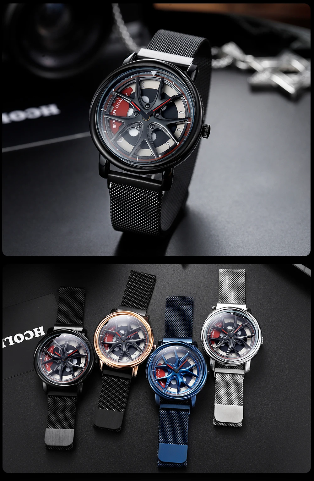 Men Watch Car Wheel Rim Hub Dial Male Wristwatch Skeleton Man Black Waterproof Watches Stainless Steel Quartz Relogio Masculino - Image 32