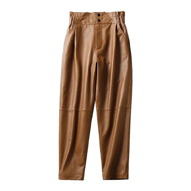 Women's Leather Pants, Female Elastic High Waist Genuine Pants, Loose Harem Trousers, Casual Fashion, Large Size, Autumn, Winter - Image 5