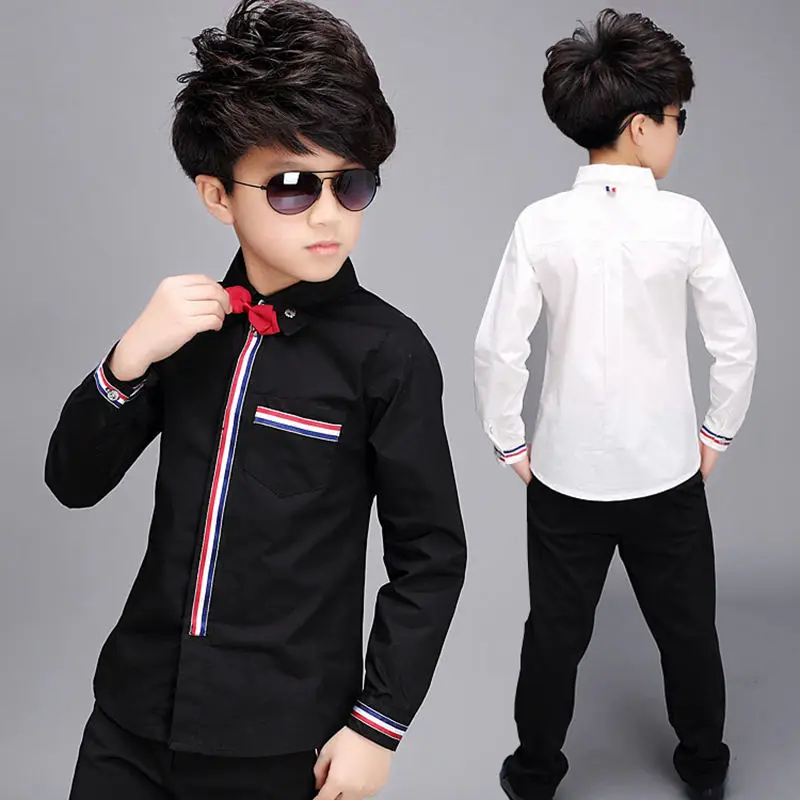 Teenage Boys Shirts Spring Cotton Long Sleeve Solid Shirt Kids White&Black Tops Teen School Bow Clothes 6 10 13 16 boy clothes - Image 5