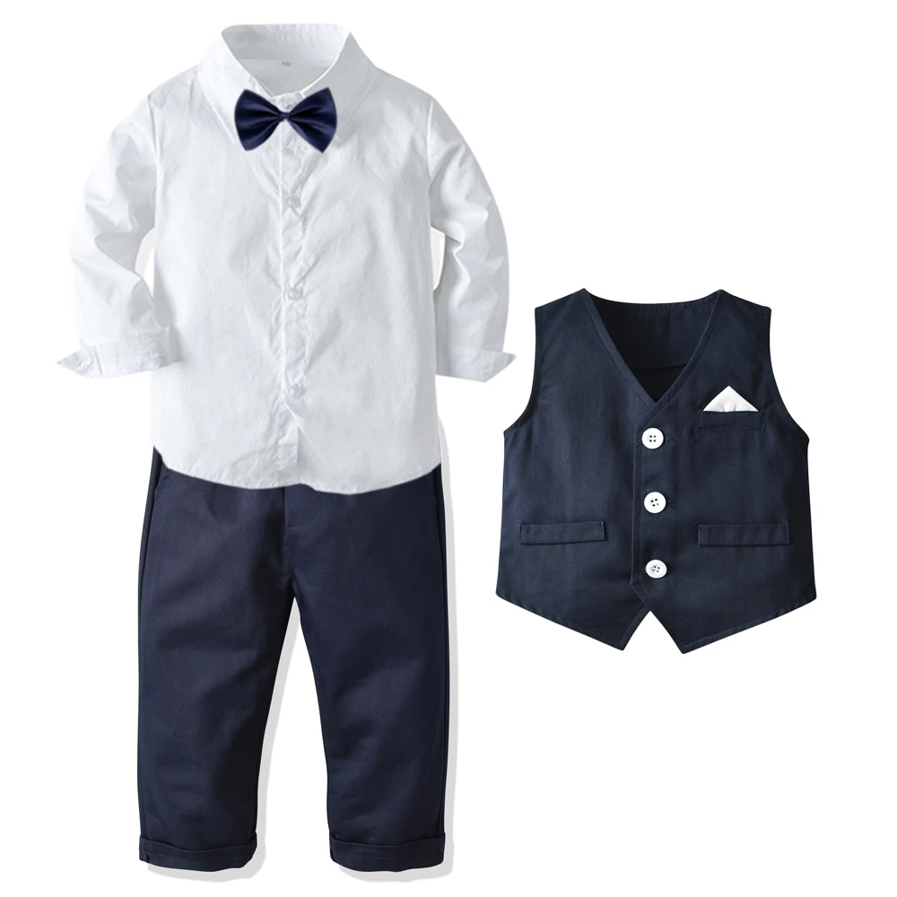 Formal Birthday Boy Outfits Cotton Kid Clothes Set Toddler Long-sleeved Shirt with Bow Tie + Vest + Trouser Suit Boys Party Wear - Image 8