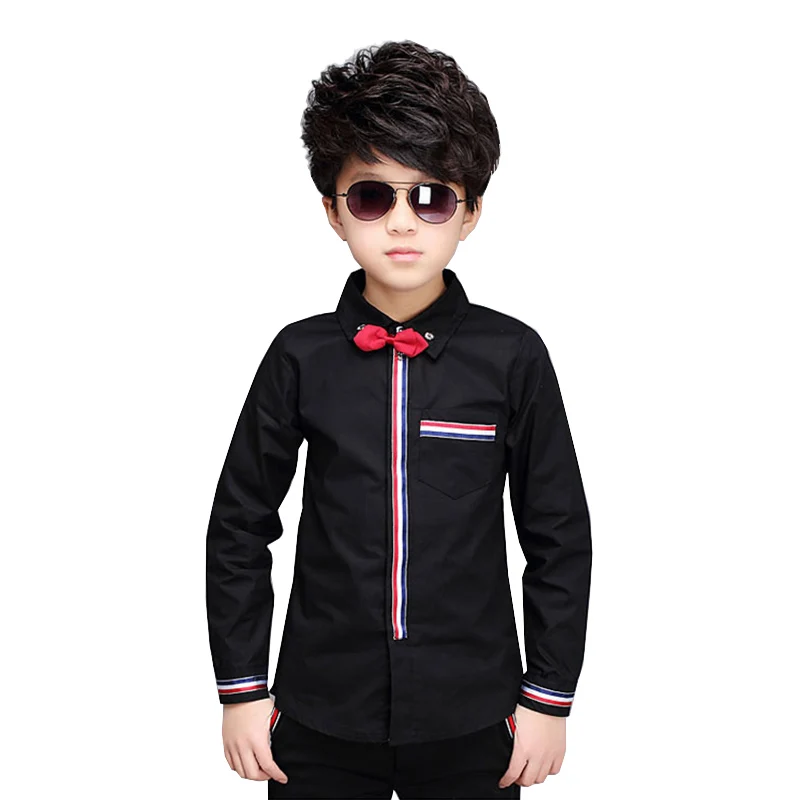 Teenage Boys Shirts Spring Cotton Long Sleeve Solid Shirt Kids White&Black Tops Teen School Bow Clothes 6 10 13 16 boy clothes - Image 3