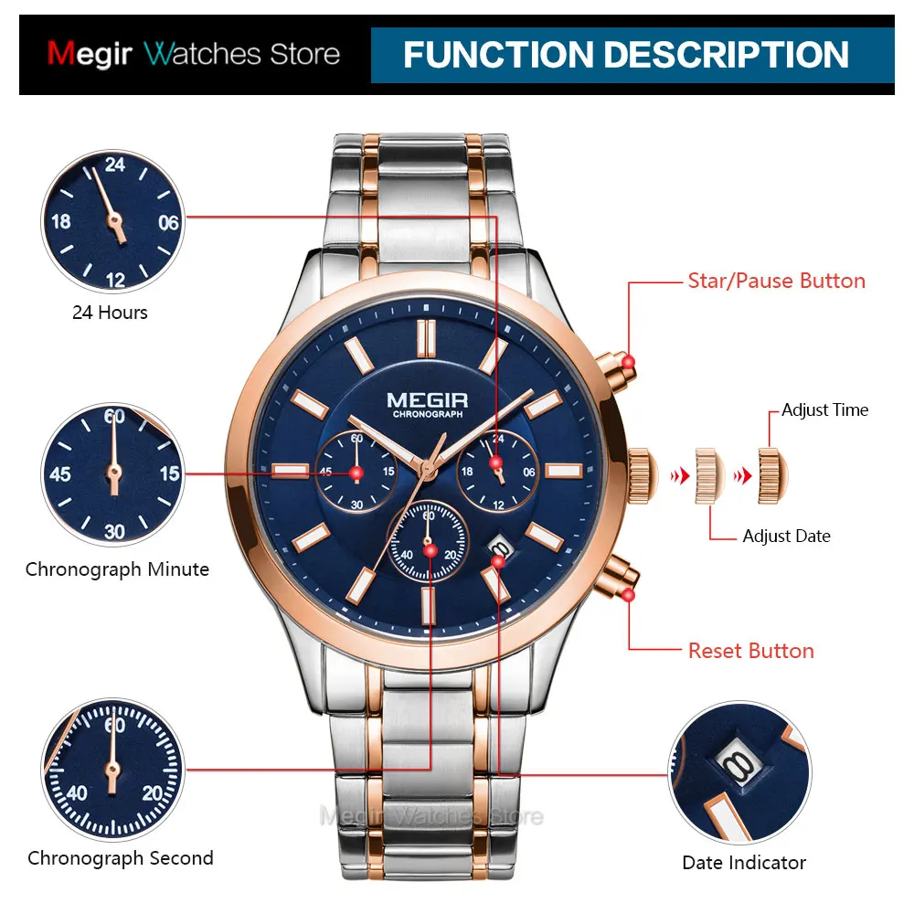 MEGIR Watches for Men 2021 New Chronograph Quartz Watch Luxury Stainless Steel Wristwatch Man Relogios Masculino часы мужские - Image 6