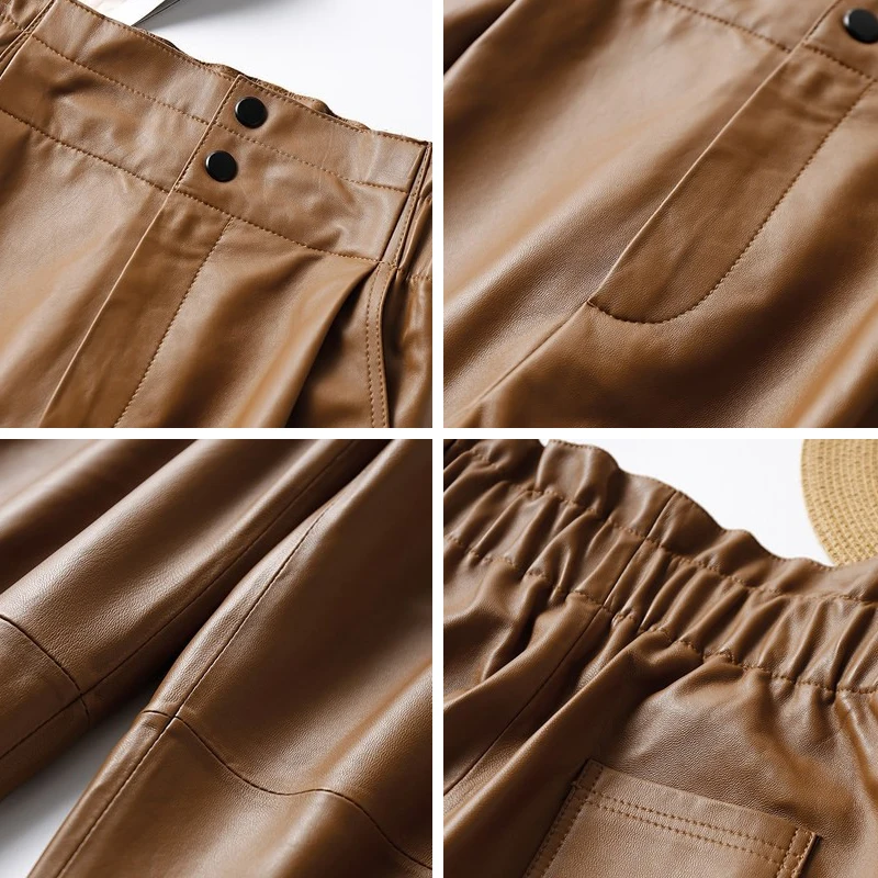 Women's Leather Pants, Female Elastic High Waist Genuine Pants, Loose Harem Trousers, Casual Fashion, Large Size, Autumn, Winter - Image 6