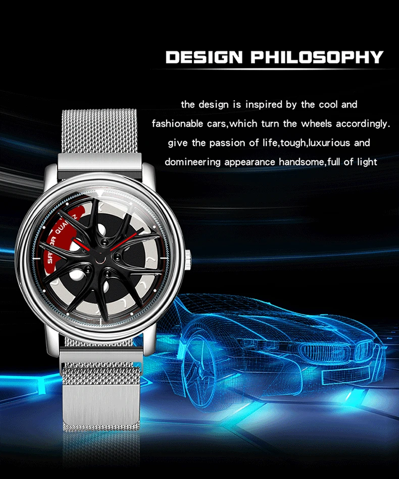 Men Watch Car Wheel Rim Hub Dial Male Wristwatch Skeleton Man Black Waterproof Watches Stainless Steel Quartz Relogio Masculino - Image 3