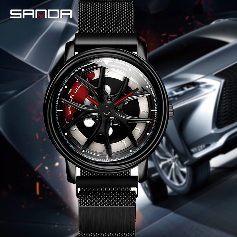 Men Watch Car Wheel Rim Hub Dial Male Wristwatch Skeleton Man Black Waterproof Watches Stainless Steel Quartz Relogio Masculino - Image 2