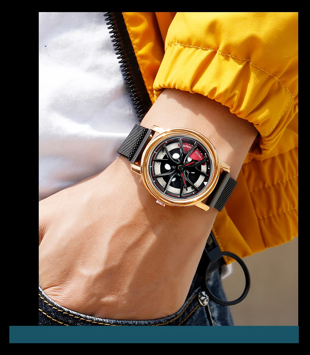Men Watch Car Wheel Rim Hub Dial Male Wristwatch Skeleton Man Black Waterproof Watches Stainless Steel Quartz Relogio Masculino - Image 26