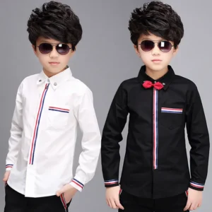 Teenage Boys Shirts Spring Cotton Long Sleeve Solid Shirt Kids White&Black Tops Teen School Bow Clothes 6 10 13 16 boy clothes
