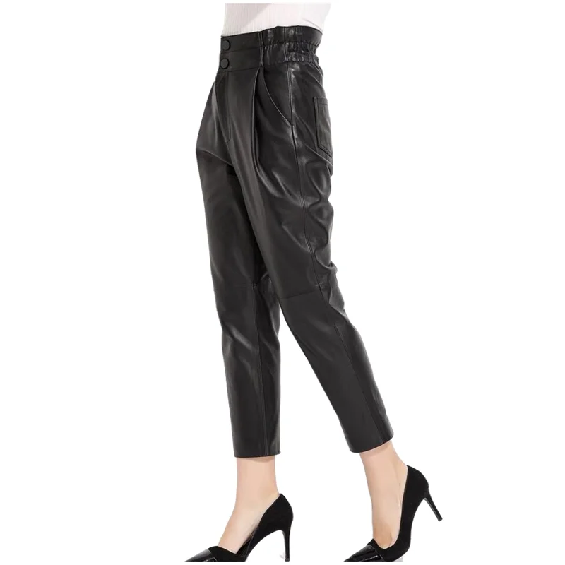 Women's Leather Pants, Female Elastic High Waist Genuine Pants, Loose Harem Trousers, Casual Fashion, Large Size, Autumn, Winter - Image 3