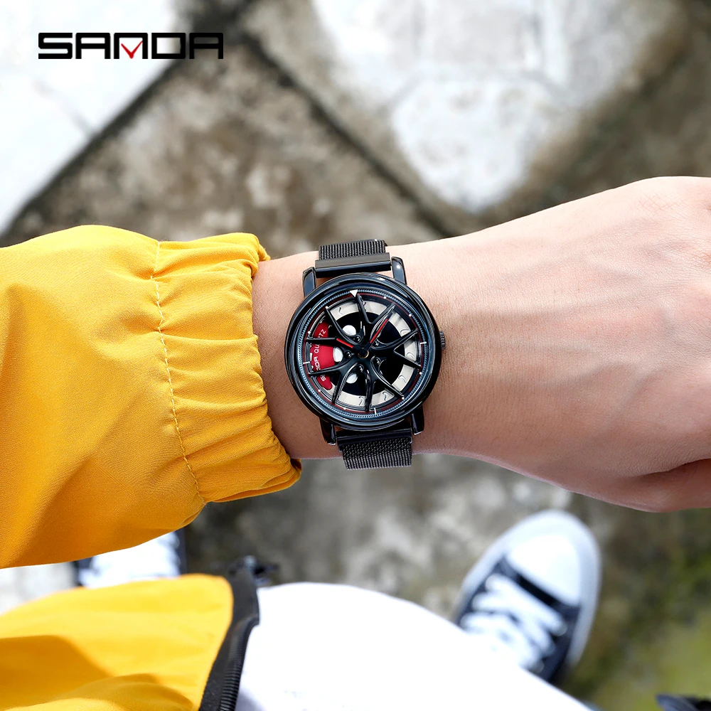 Men Watch Car Wheel Rim Hub Dial Male Wristwatch Skeleton Man Black Waterproof Watches Stainless Steel Quartz Relogio Masculino - Image 5