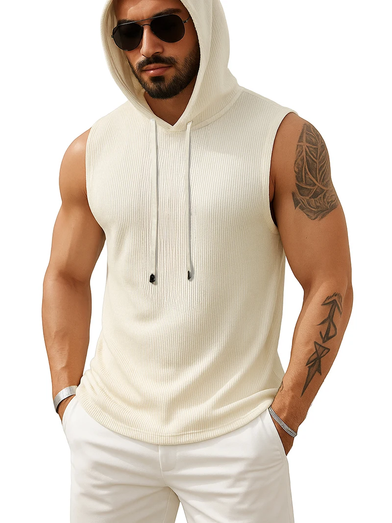 Tank Top Men’s Ribbed Sleeveless Hoodie Casual Muscle Fit Hooded Vest Gym Streetwear Sportswear Men Summer Top Tee Hooded Tank - Image 5