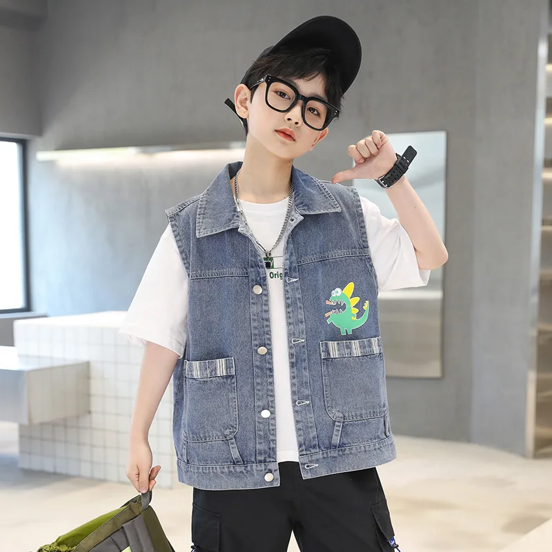 Cool Child Dinosaur Denim Vest For Boys High Street Waistcoat Outerwear Kids Child New Spring Sleeveless Jacket Costume Age 5-14 - Image 6