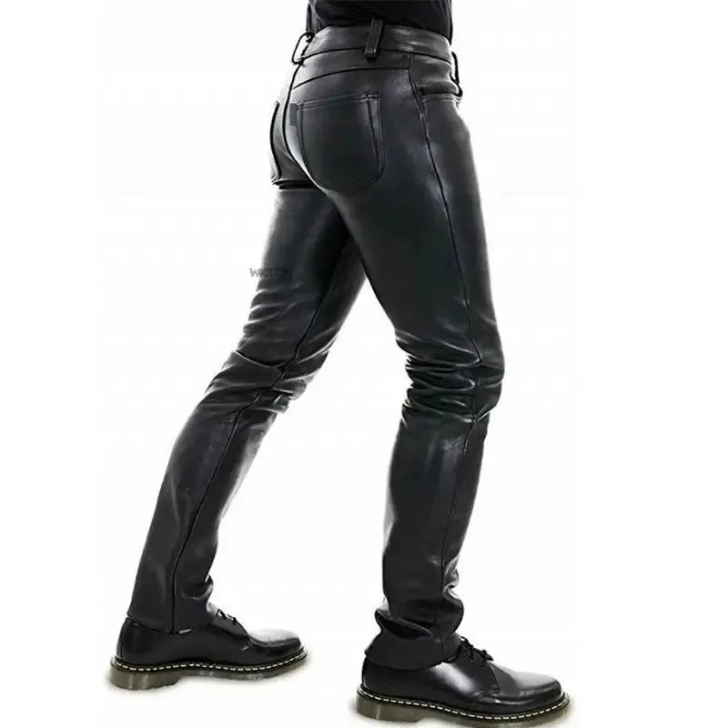 Men's Leather Pants 2022 New Solid Color PU Leather Motorcycle Pants Elastic Leisure Punk Style Slim Fit Full Length Trousers - Image 5