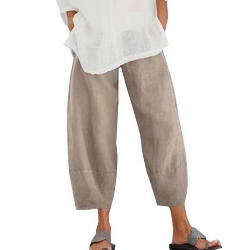 Women Harem Pants Vintage Cotton Linen Elastic Waist Wide Leg Trousers Female Casual Solid Pockets Loose Cropped Pants - Image 7