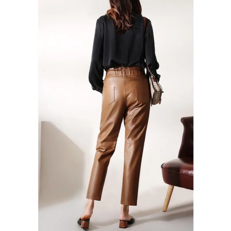 Women's Leather Pants, Female Elastic High Waist Genuine Pants, Loose Harem Trousers, Casual Fashion, Large Size, Autumn, Winter - Image 2