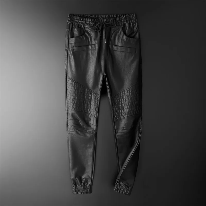 Men's Leather Pants Superior Quality Elastic Waist Jogger Pants PU Leather Motorcycle Trousers Biker's Pants - Image 9