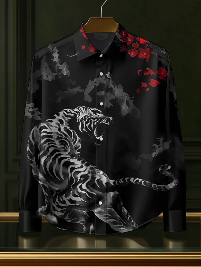 Linen Men's 3D Art Printed Shirt Casual Vintage Style Long Sleeve Lapel Collar Top Fashion Funny Printed Beige Top - Image 3