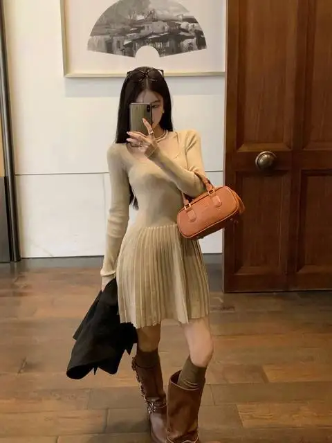 Bodycon Woman Knitted Dress New In Casual Retro Deals Korean Harajuku Comfortable Essential Pleated Crochet Dresses For Women - Image 13