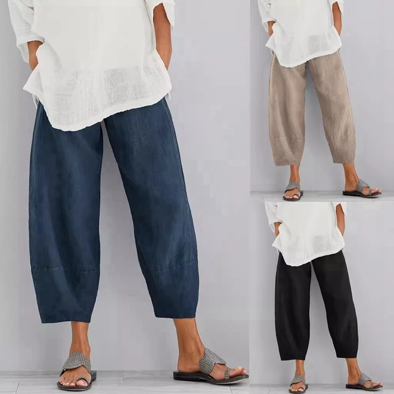 Women Harem Pants Vintage Cotton Linen Elastic Waist Wide Leg Trousers Female Casual Solid Pockets Loose Cropped Pants
