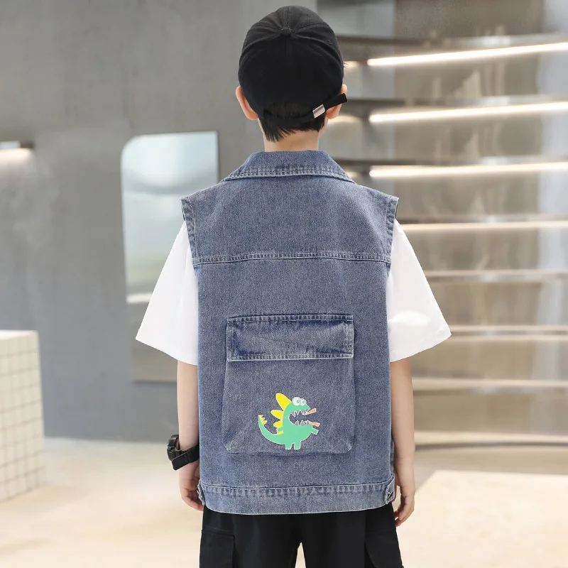 Cool Child Dinosaur Denim Vest For Boys High Street Waistcoat Outerwear Kids Child New Spring Sleeveless Jacket Costume Age 5-14 - Image 5