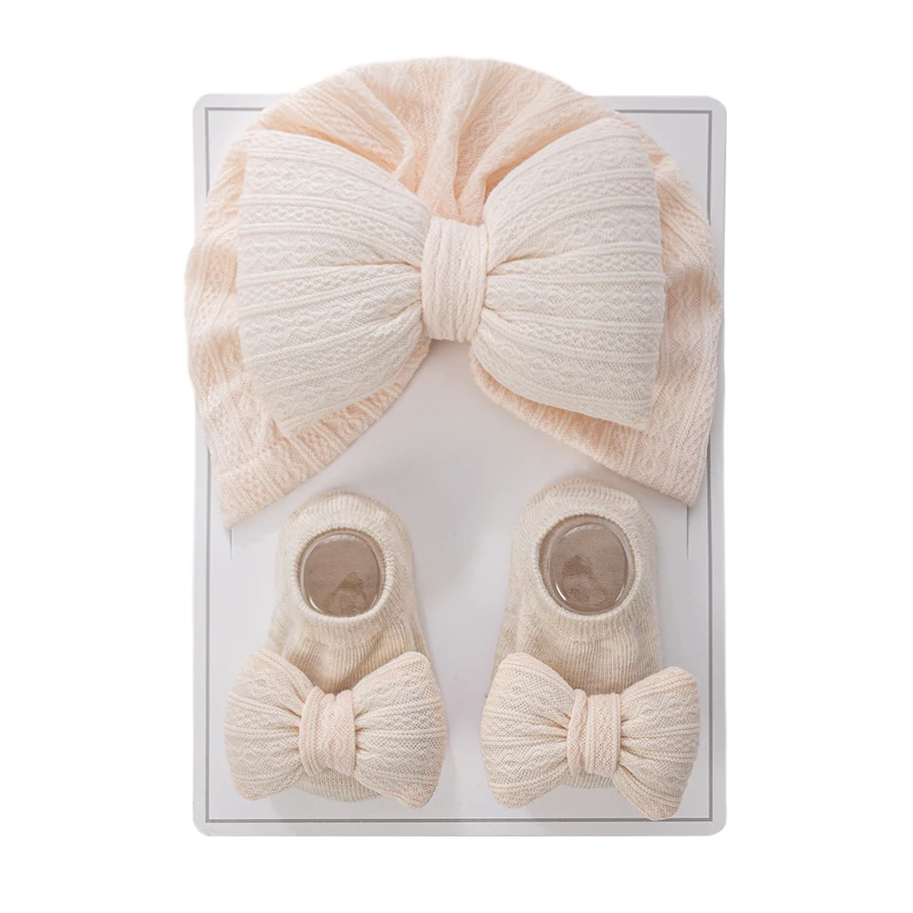 3Pcs/Set Baby Hats Socks Set Big Puff Pillow Bows Boys Girls Beanies Caps 0-12M Non-Slip Short Sock Infant Photography Props - Image 10