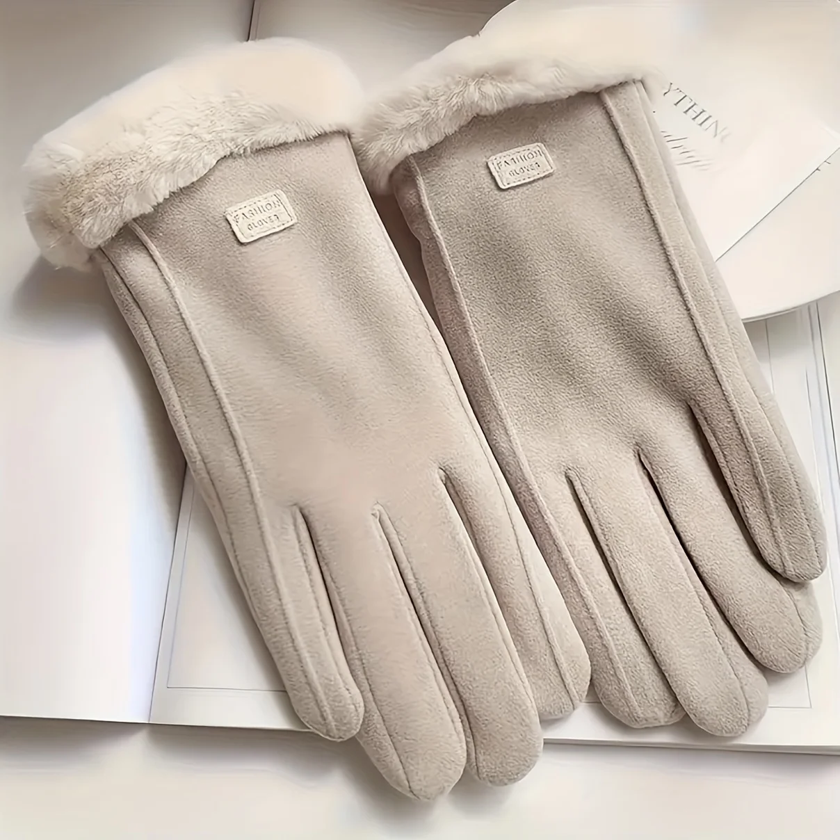 Comfortable beige touchscreen gloves with plush lining - providing thick and warm winter protection for outdoor leisure - Image 6