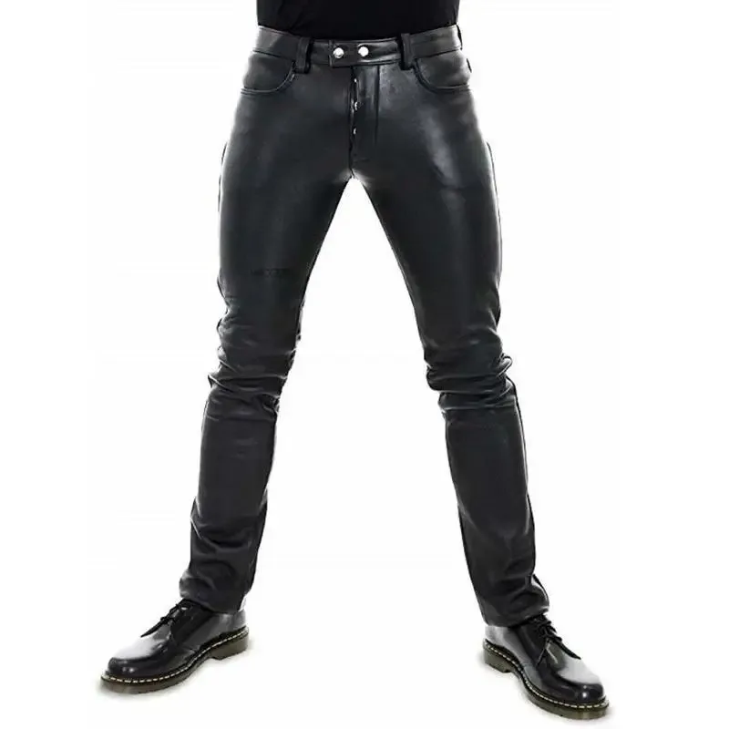 Men's Leather Pants 2022 New Solid Color PU Leather Motorcycle Pants Elastic Leisure Punk Style Slim Fit Full Length Trousers - Image 2