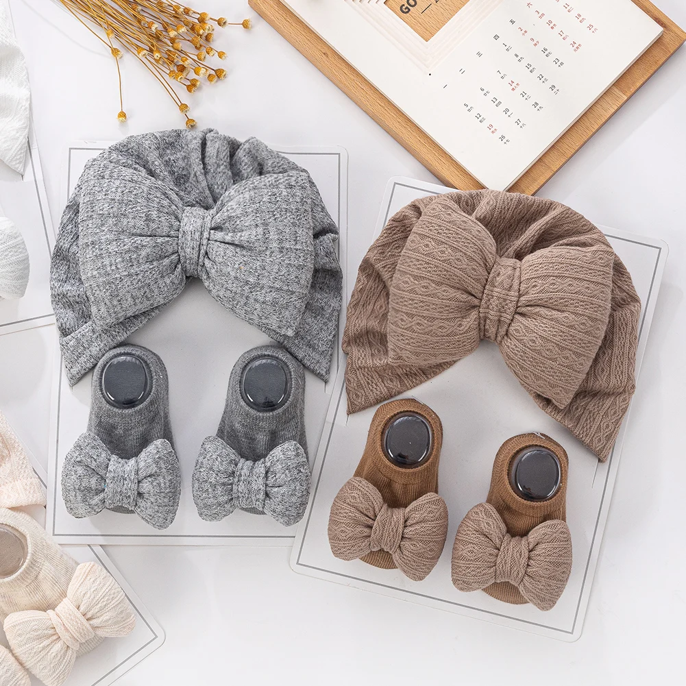3Pcs/Set Baby Hats Socks Set Big Puff Pillow Bows Boys Girls Beanies Caps 0-12M Non-Slip Short Sock Infant Photography Props - Image 2