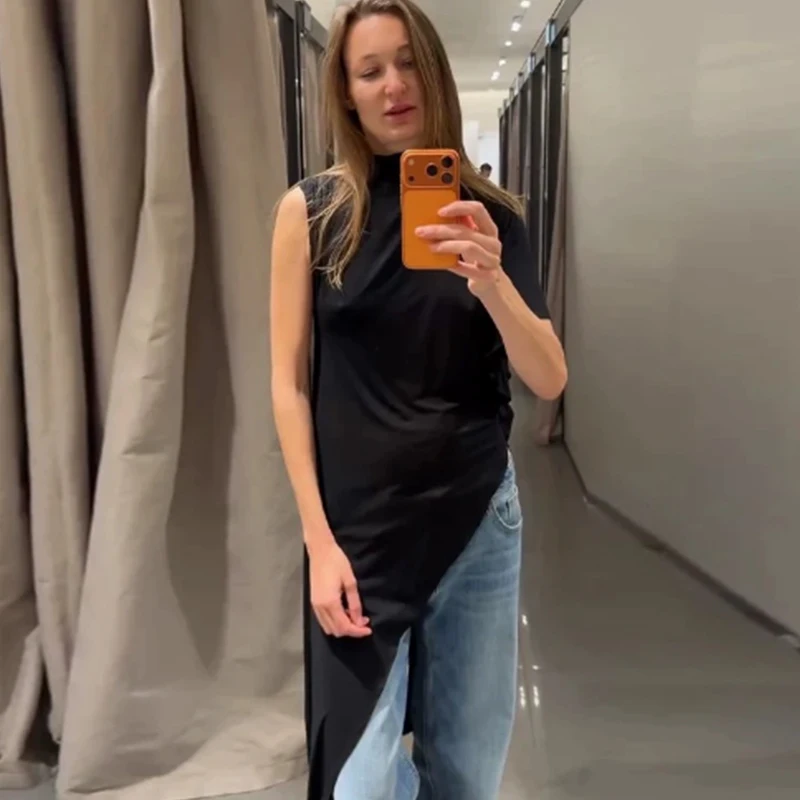 Women's Top 2026 New Fashion Spring Summer Black Pleated Asymmetrical Top for Women Stylish Chic Personality Female Top - Image 3