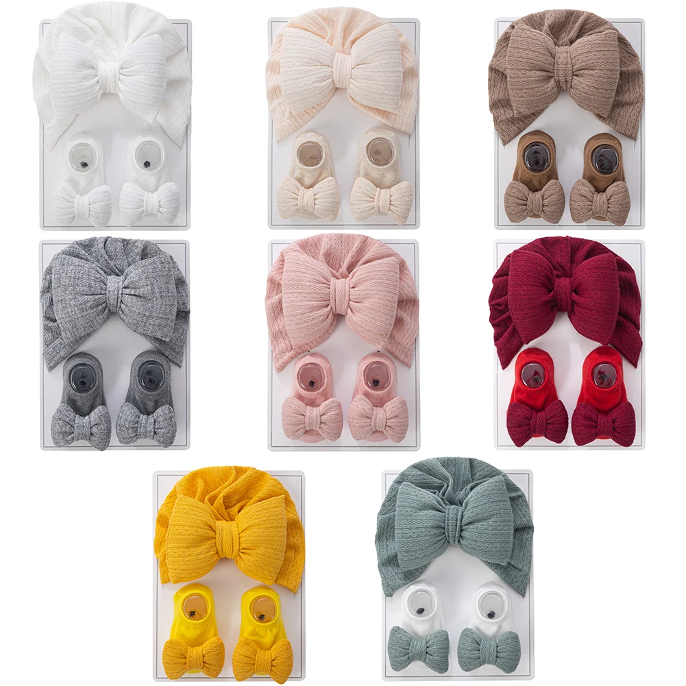3Pcs/Set Baby Hats Socks Set Big Puff Pillow Bows Boys Girls Beanies Caps 0-12M Non-Slip Short Sock Infant Photography Props - Image 6