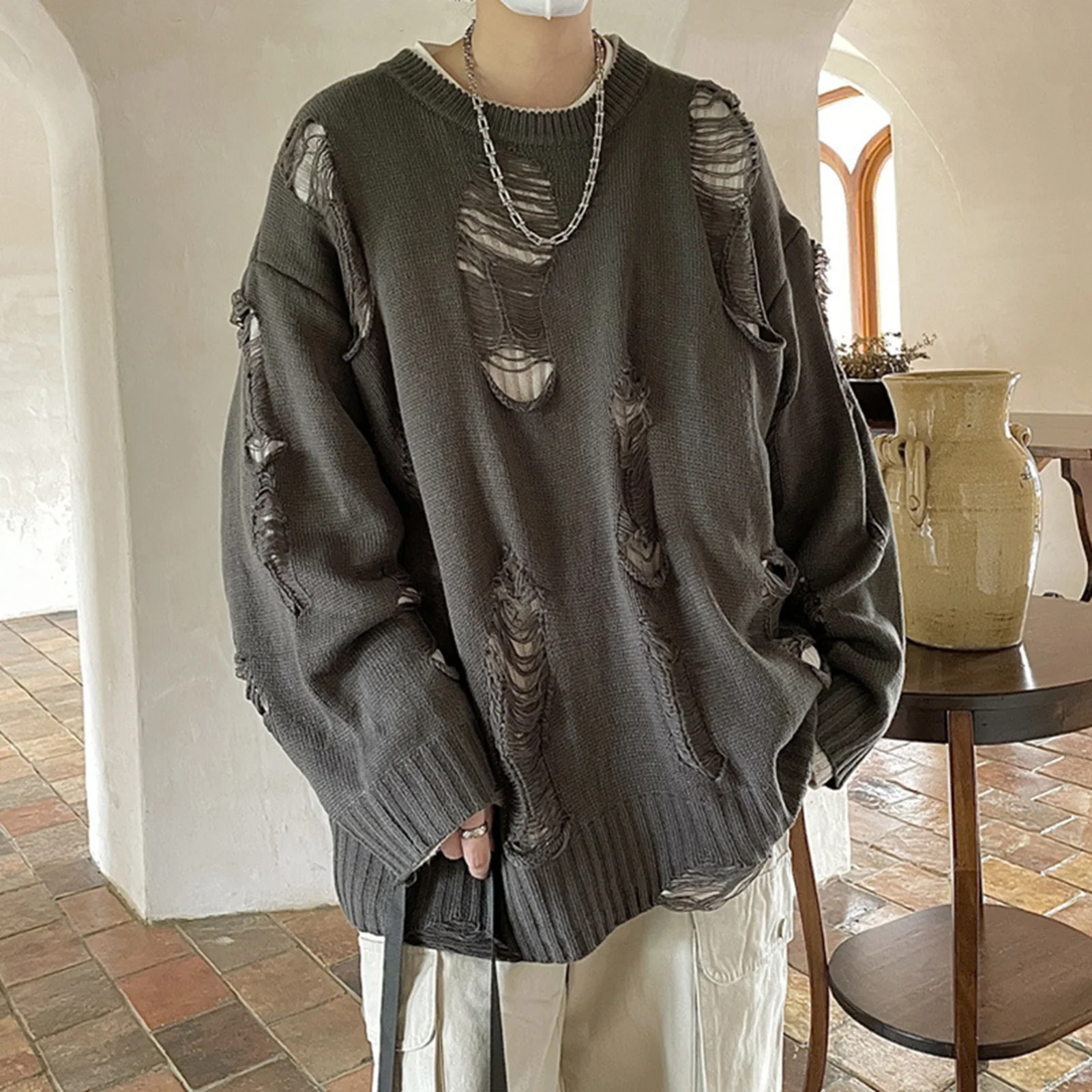 Men Cardigan Sweater Stylish Men's Ripped Hole Cardigan Sweater Coat with V Neck Single-breasted Design Trendy for Fashionable - Image 10