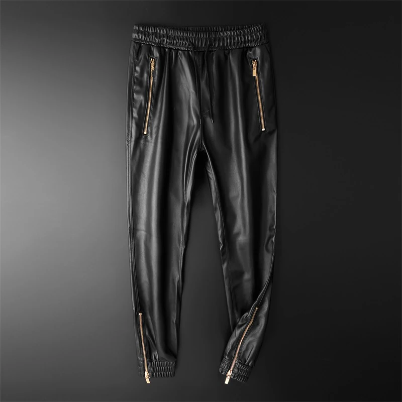 Men's Leather Pants Superior Quality Elastic Waist Jogger Pants PU Leather Motorcycle Trousers Biker's Pants - Image 2