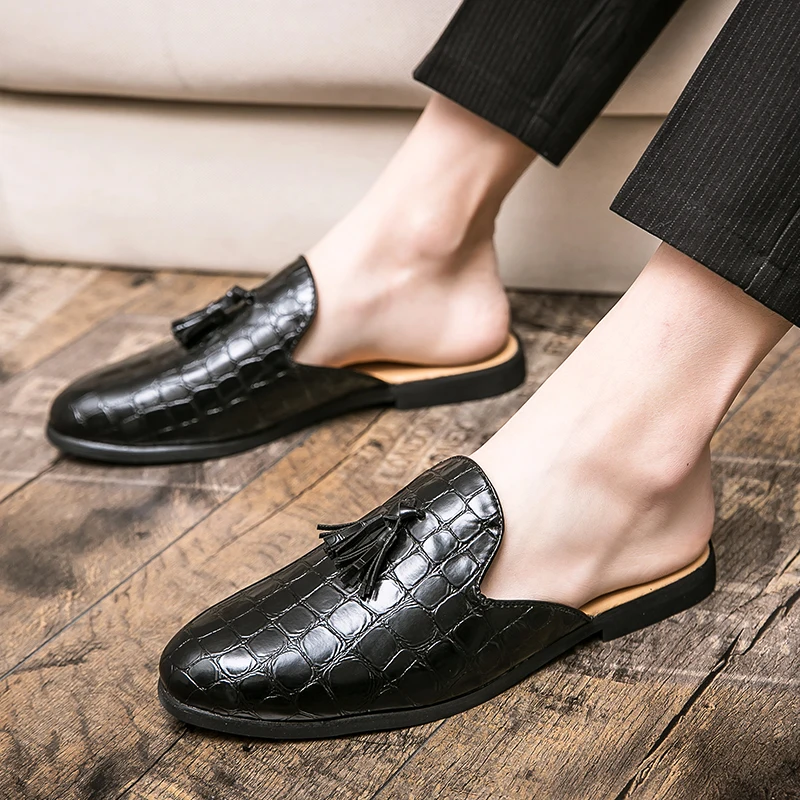 Leather Black Men’s Half Shoes for Men Party Shoes Casual Designer Shoes Fashion Loafers Luxury Black Slippers New Summer - Image 8