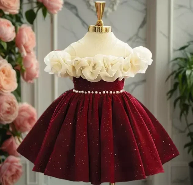 2025 Children's Dressfor Eid Party Princess Dresses High-End Red Flower Child Wedding Little Girl BirthdayHost Piano Costume - Image 3