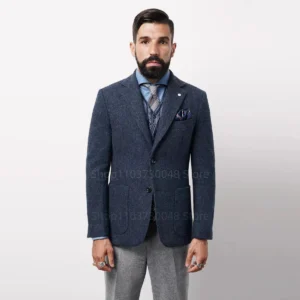 Gray Men's Suit Herringbone Blazer Prom Tuxedos Wool Tweed Single Breasted Two Buttons Top Bussiness/Wedding Jacket (Only Coat)