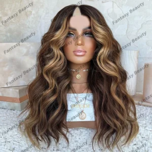 Highlight Human Hair Honey Brown1x4 Opening V Part Wigs with Clips Glueless 30Inches Dark Brown V Part Wigs for Women Easy Wear