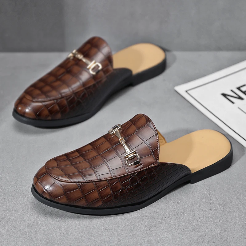 Leather Black Men’s Half Shoes for Men Party Shoes Casual Designer Shoes Fashion Loafers Luxury Black Slippers New Summer - Image 2