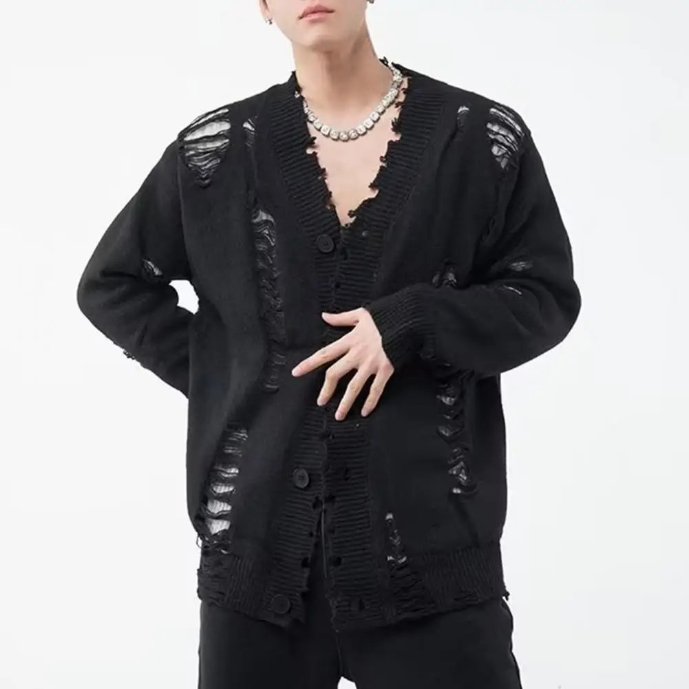 Men Cardigan Sweater Stylish Men's Ripped Hole Cardigan Sweater Coat with V Neck Single-breasted Design Trendy for Fashionable - Image 6
