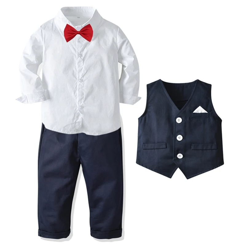 Formal Birthday Boy Outfits Cotton Kid Clothes Set Toddler Long-sleeved Shirt with Bow Tie + Vest + Trouser Suit Boys Party Wear - Image 2