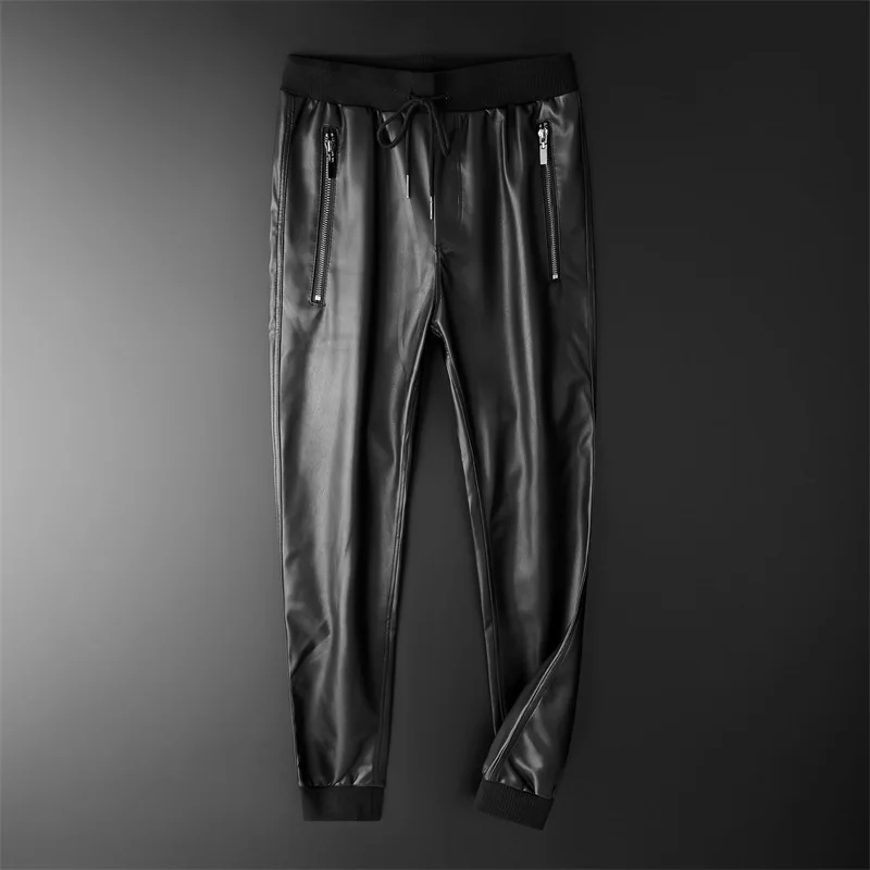 Men's Leather Pants Superior Quality Elastic Waist Jogger Pants PU Leather Motorcycle Trousers Biker's Pants - Image 7