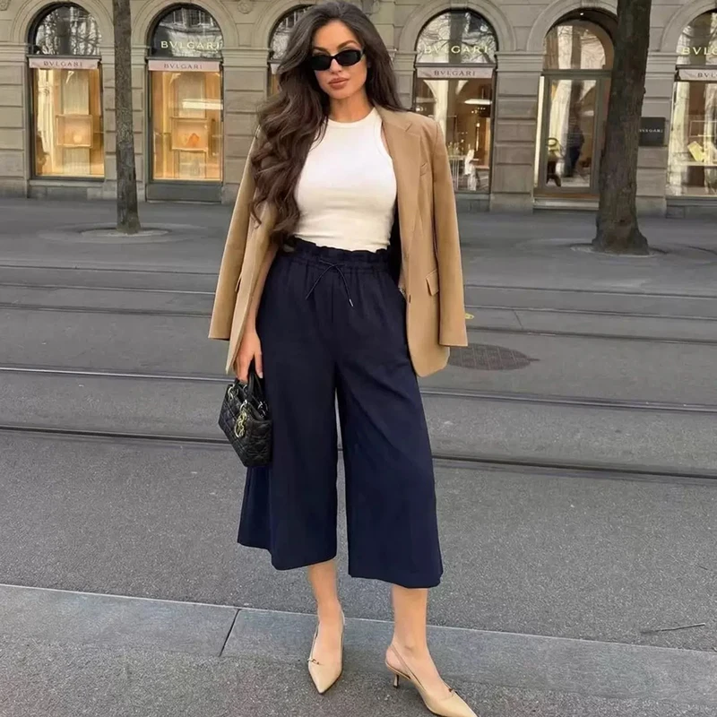 Women's Capri Pants 2026 New Fashion Spring Summer Layered Decorative Elastic Waist Casual Shorts Stylish Chic Female Pant