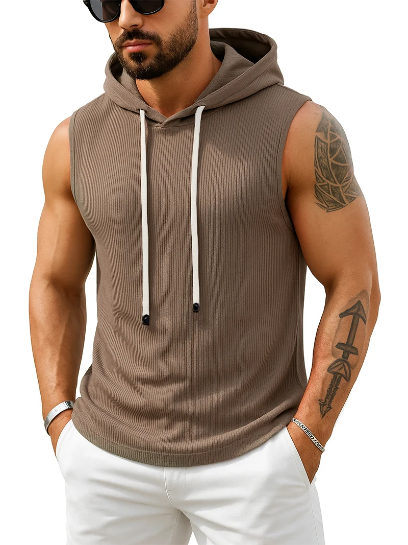 Tank Top Men’s Ribbed Sleeveless Hoodie Casual Muscle Fit Hooded Vest Gym Streetwear Sportswear Men Summer Top Tee Hooded Tank - Image 2