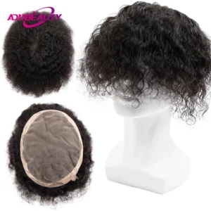 Water Wave Men Toupee Human Hair Fine Mono NPU Indian Human Hair Wigs Afro Human Hair System Curly Hair Toppers Natural Color