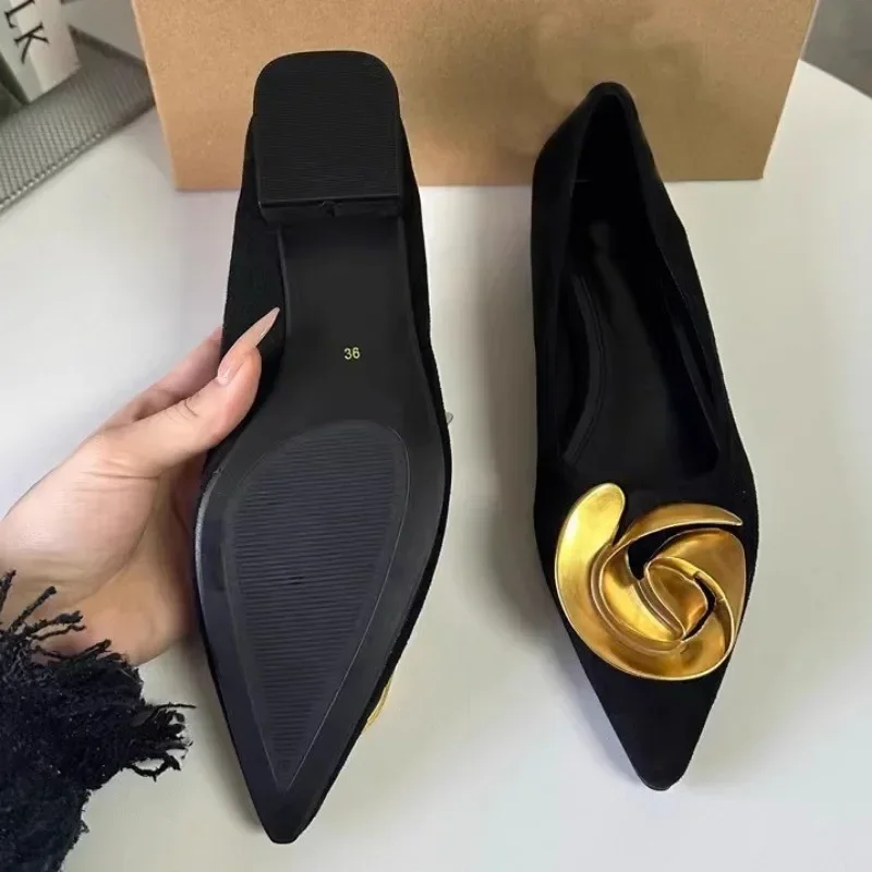 Elegant Office Women's Dress Shoes 2026 Summer New Black Shallow Pointed Toe Fashion Metal Flower Comfortable Ladies Flats - Image 6