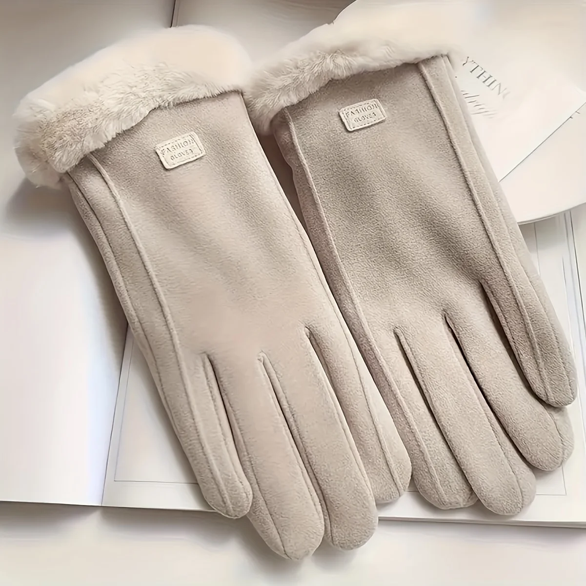 Comfortable beige touchscreen gloves with plush lining - providing thick and warm winter protection for outdoor leisure - Image 2