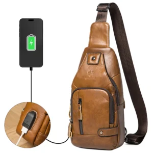 Humerpaul USB-Integrated Genuine Leather Crossbody Pack