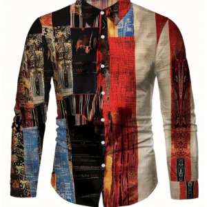 2025 men's printed casual shirt with breathable long sleeves and lead buttons suitable for spring and autumn
